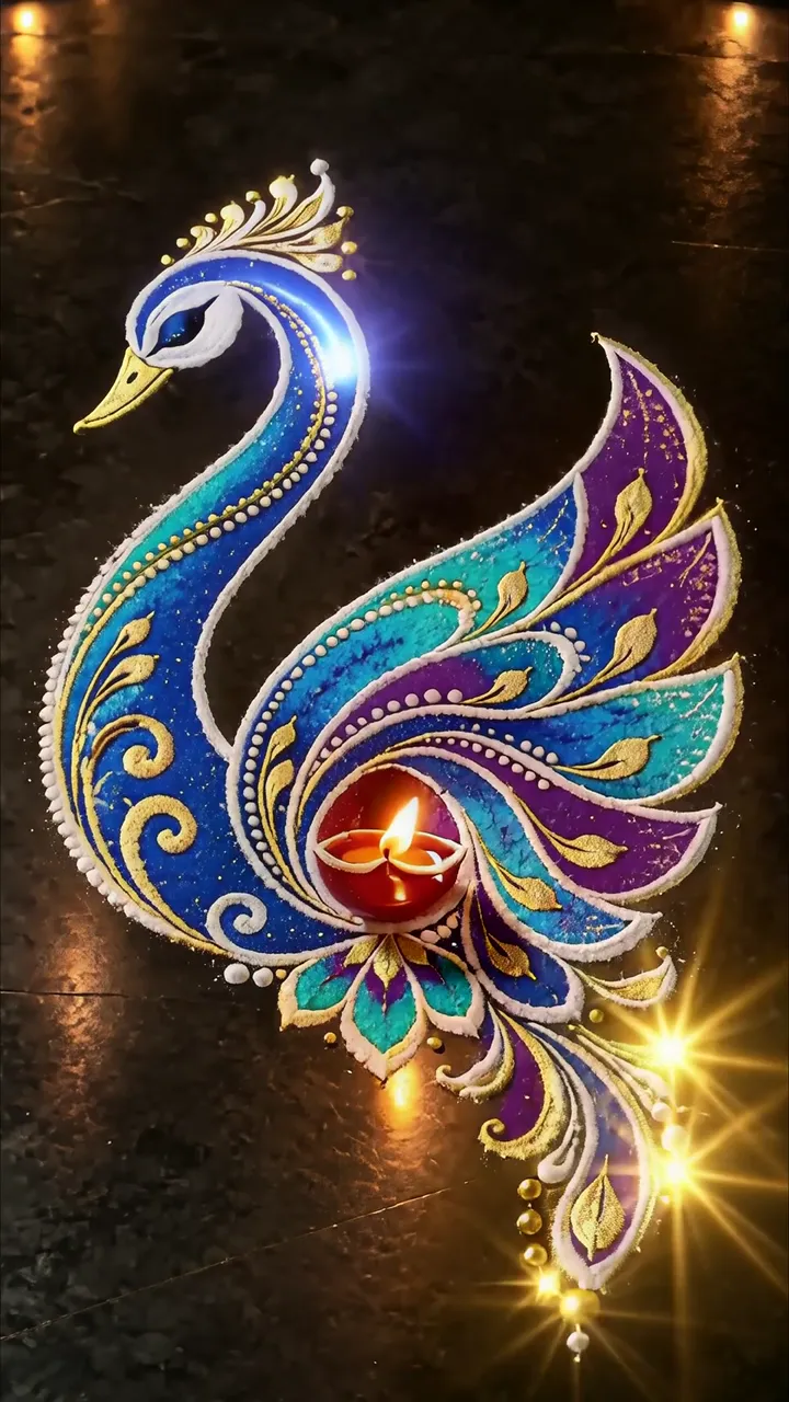 Peacock Rangoli With Diya And Glowing Blue Purple Feathers
