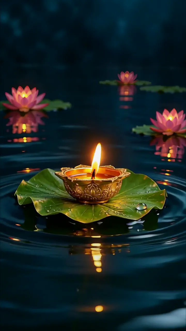 Glowing Diya Floating On Lotus Leaf In Serene Pond