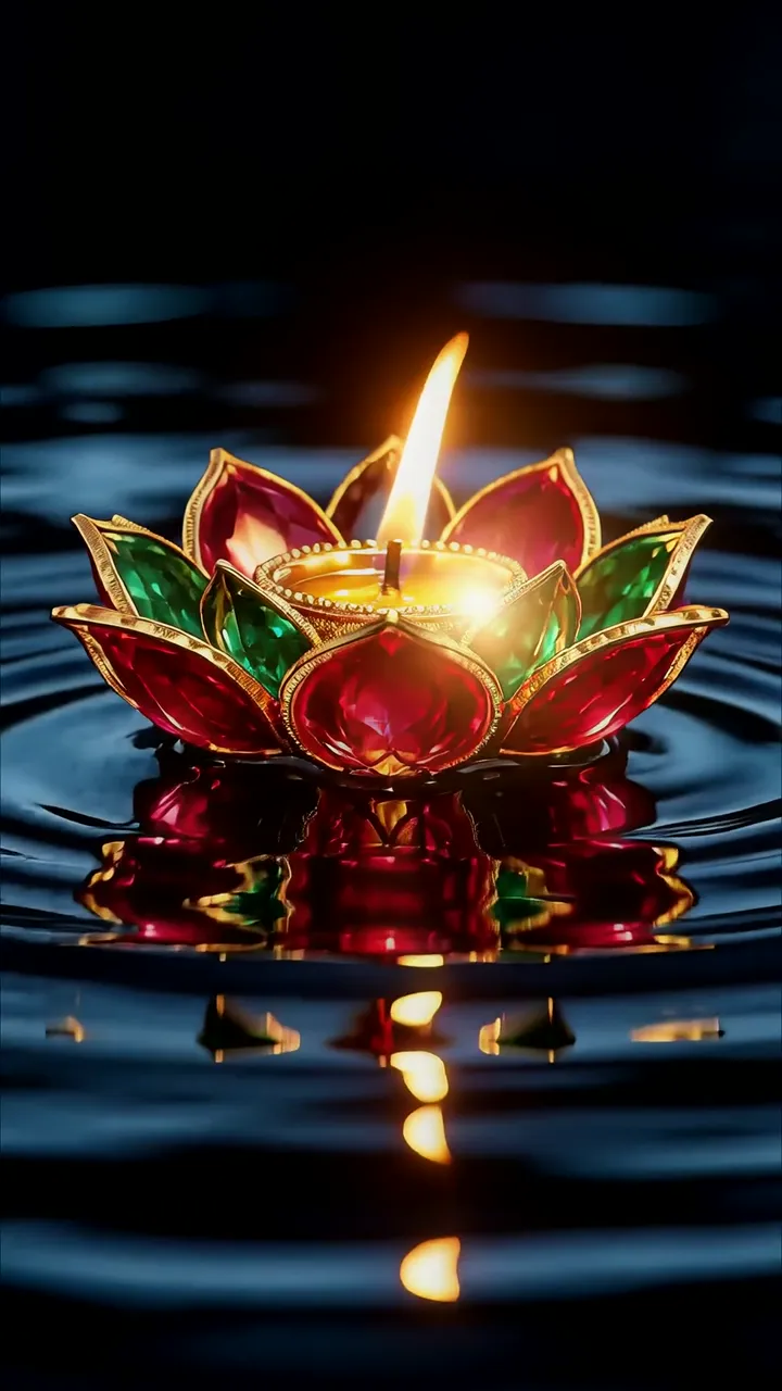Glowing Lotus Diya Floating On Water With Reflection
