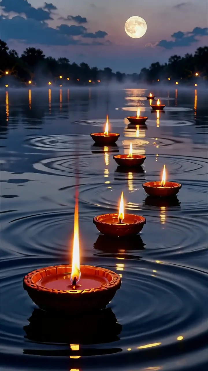 Diwali Festival Floating Oil Lamps On Water With Full Moon