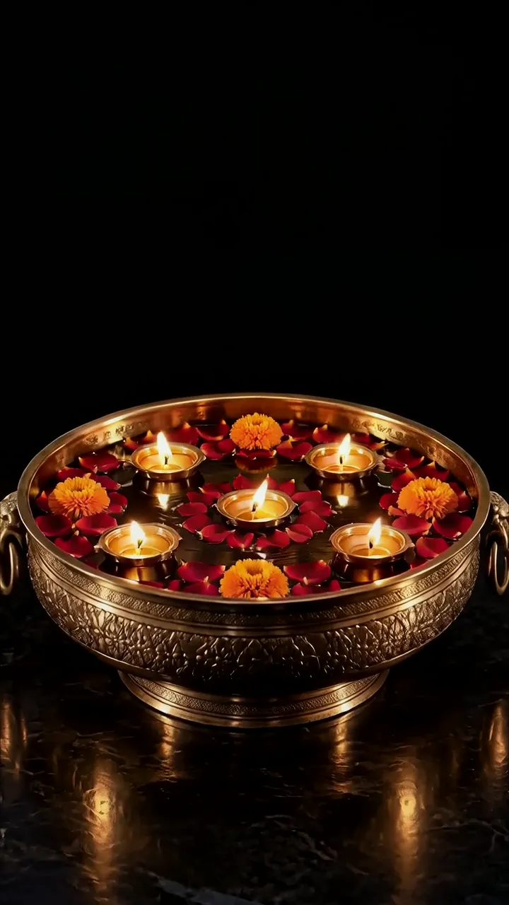 Diwali Diya With Marigold And Rose Petals In Brass Bowl