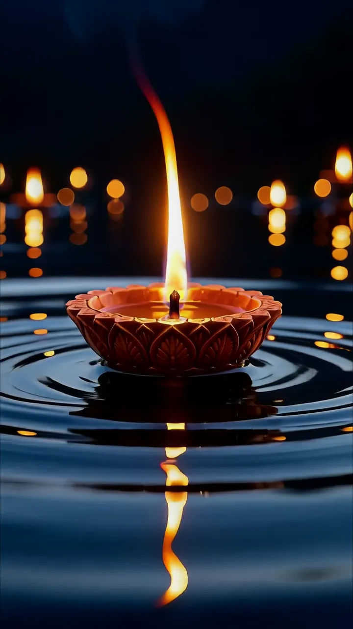 Diwali Diya Floating On Water With Reflection And Bokeh Lights