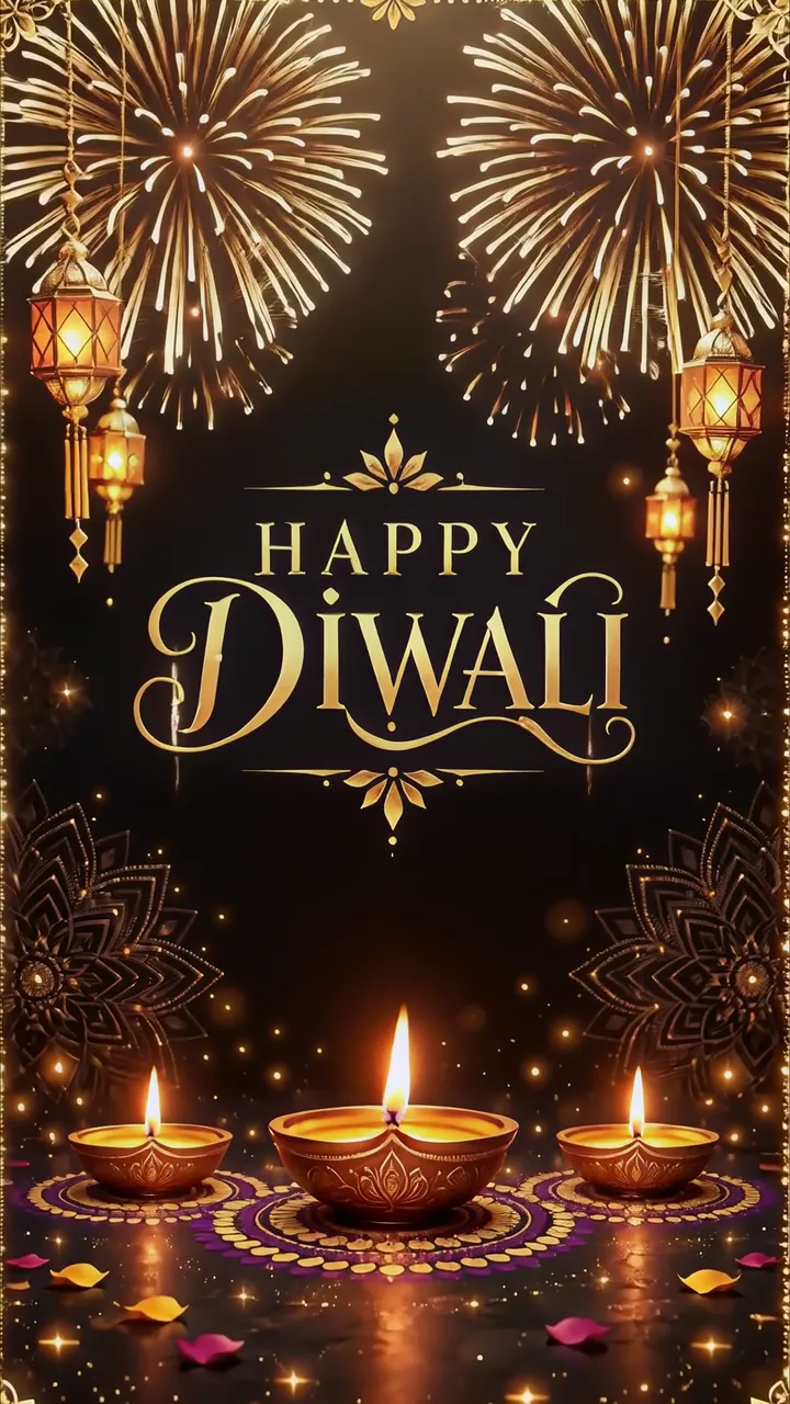 Happy Diwali Festival With Golden Fireworks And Diya Candles