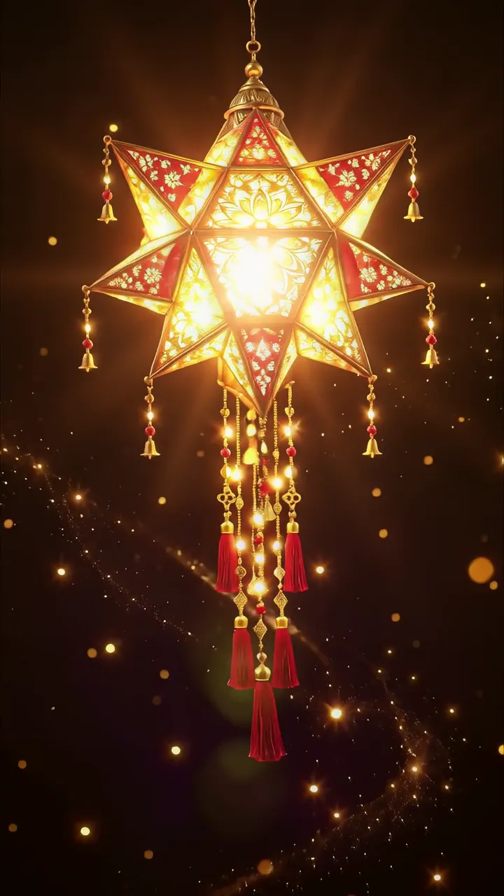 Golden Star Lantern With Red Tassels And Glowing Particles