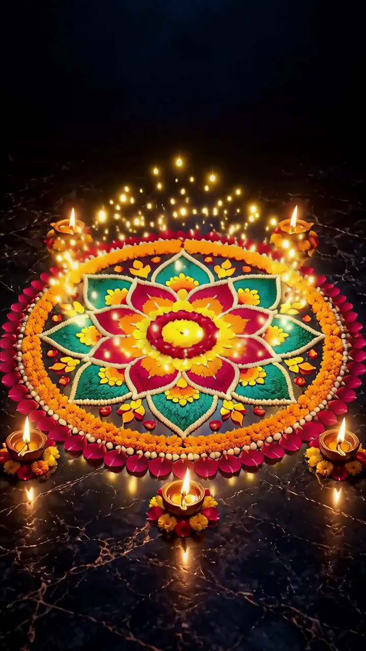 Colorful Diwali Rangoli With Marigold And Oil Lamps