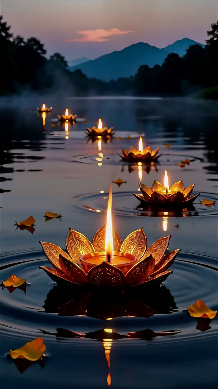 Glowing Lotus Diya Floating On Serene Lake At Sunset