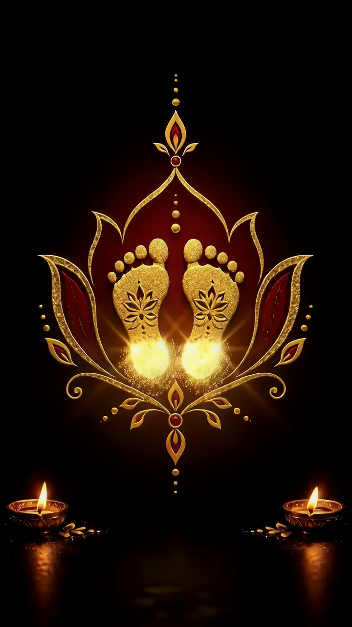 Golden Divine Feet Lotus Mandala With Diya Lights