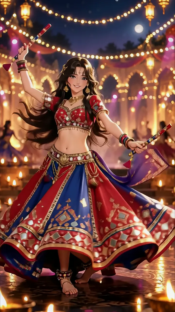 Anime Girl Dancing With Diya Candles And Festival Lights