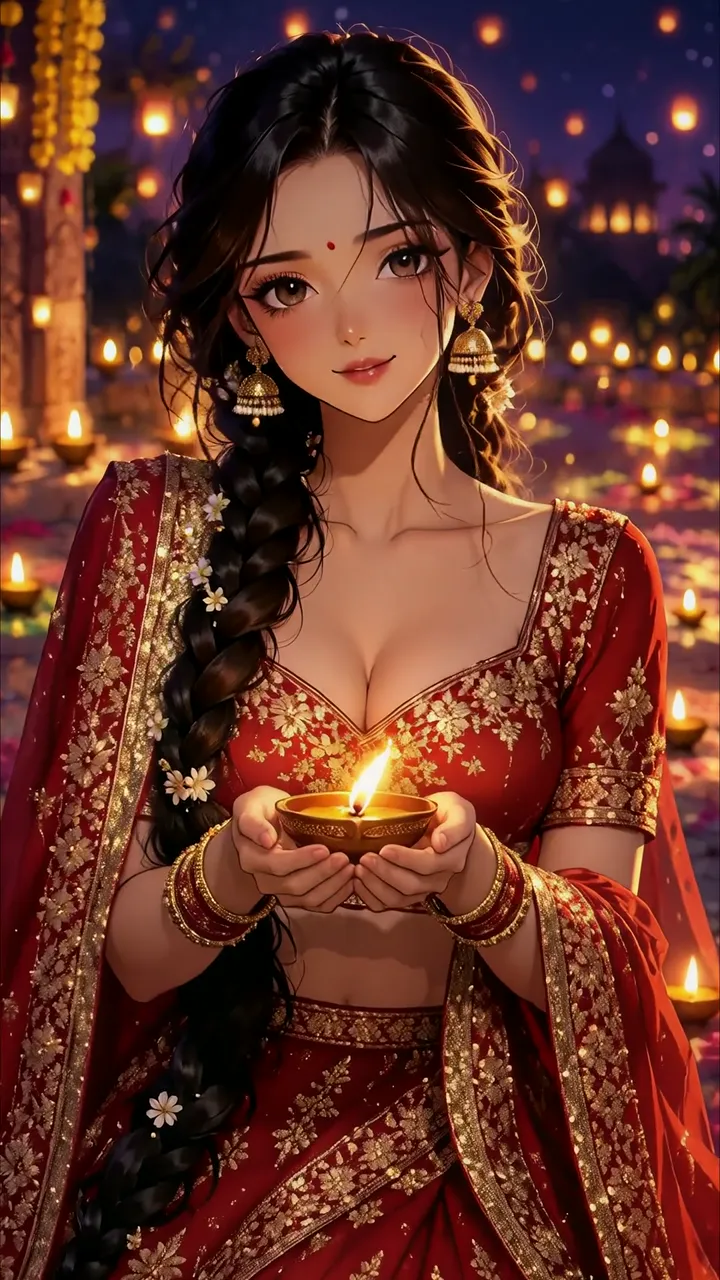 Diwali Festival Girl Holding Diya With Floating Lanterns
