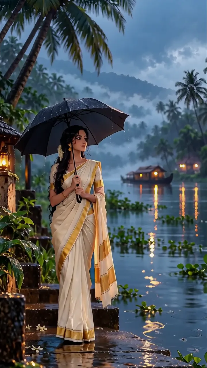 Elegant Woman In Saree Holding Umbrella On Rainy Riverbank