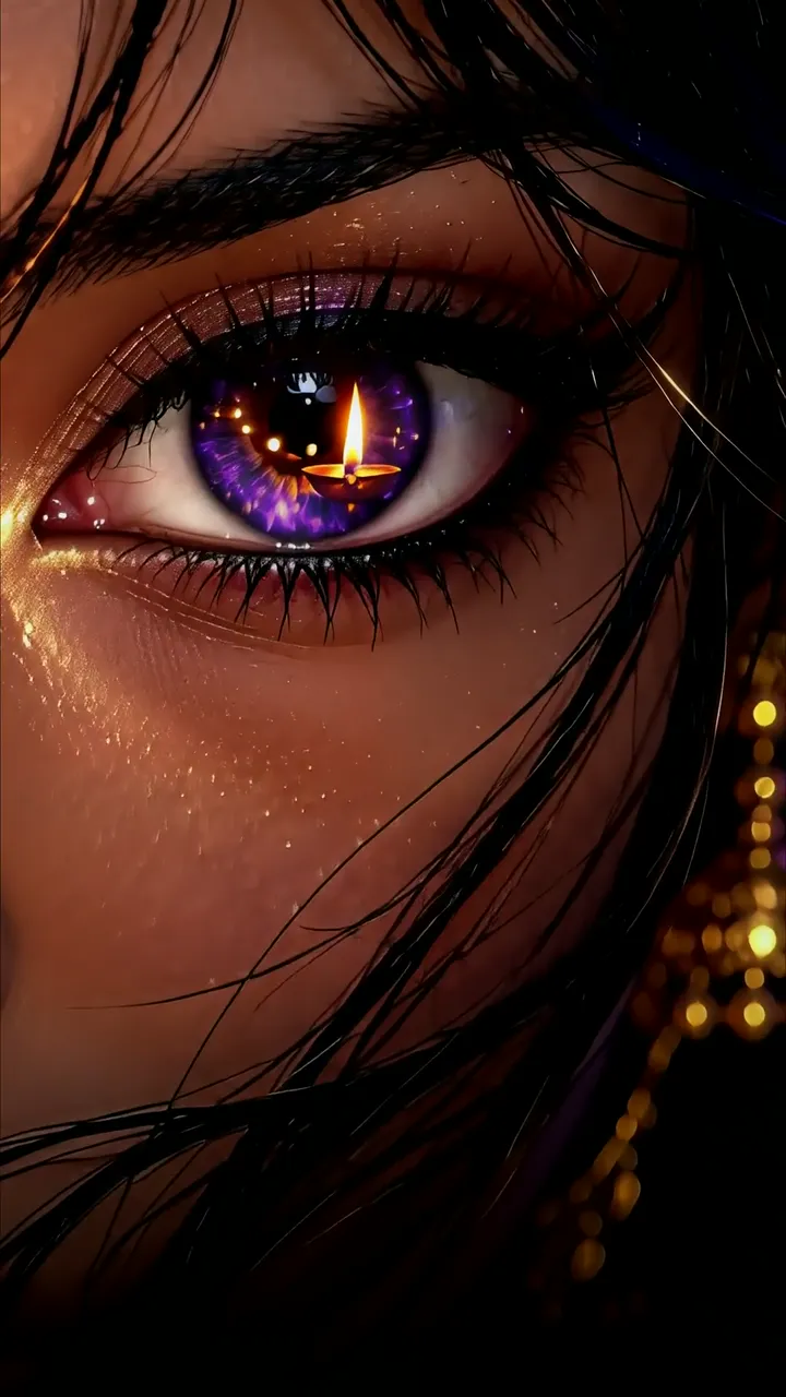 Anime Girl Eye With Candle Reflection And Purple Glow