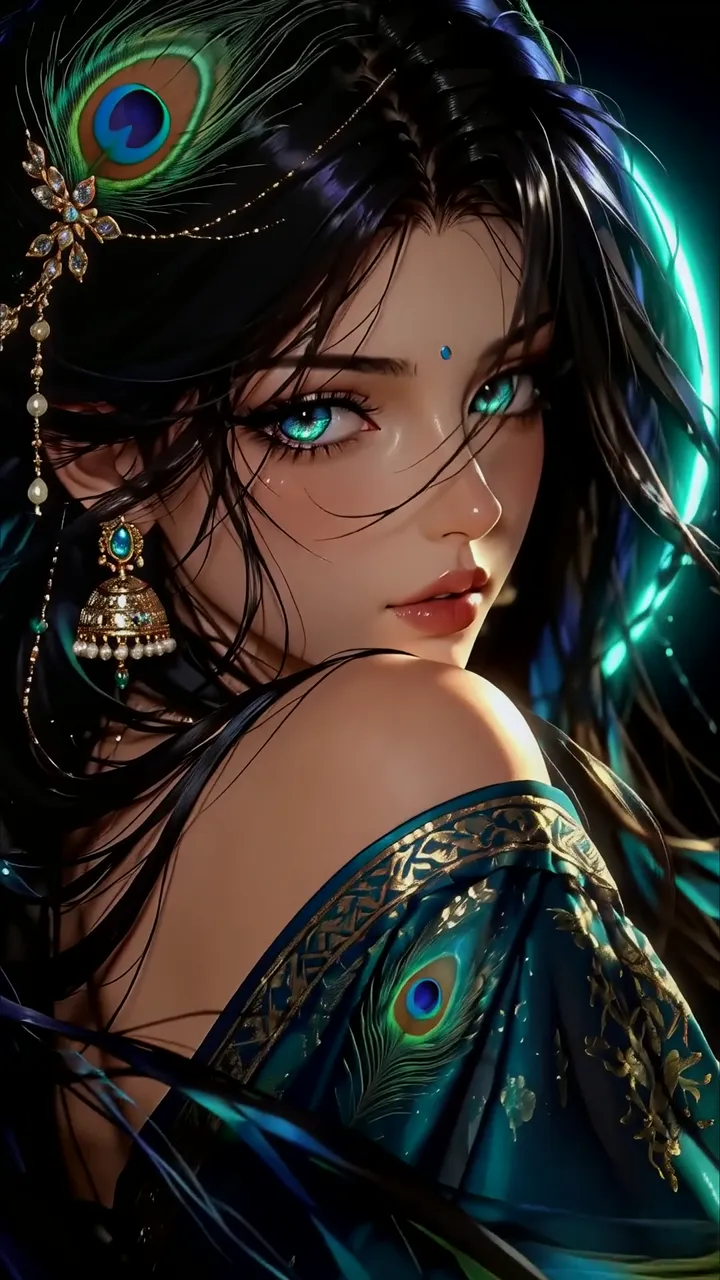 Peacock Goddess Anime Girl With Blue Eyes And Neon Glow