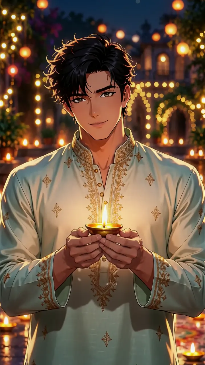 Young Man Holding Diya Candle During Diwali Festival