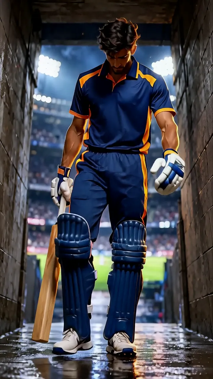 Cricket Player Walking Through Stadium Tunnel With Bat