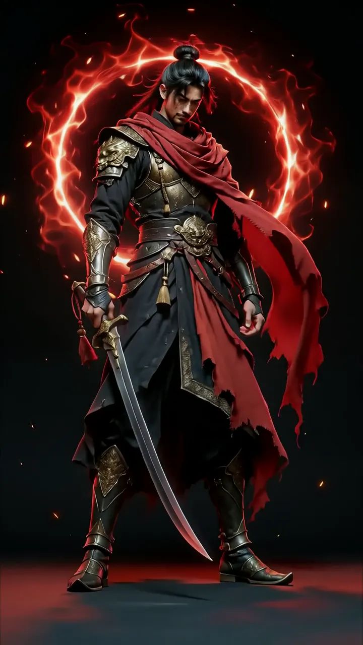Warrior With Red Cape And Fiery Aura Holding Sword