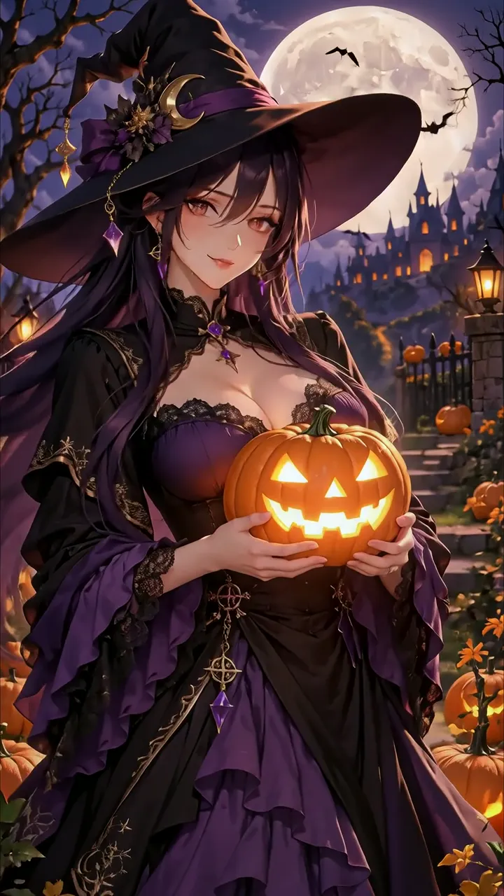 Cute Witch Holding Glowing Pumpkin Halloween Night Scene