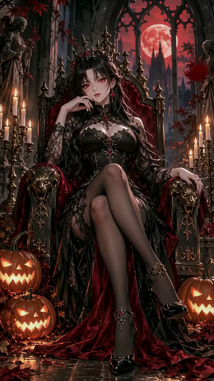 Dark Gothic Queen With Crimson Crown And Pumpkin Throne