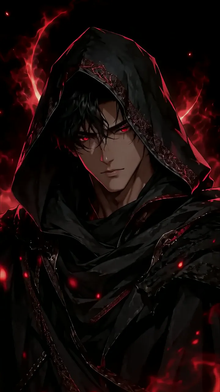 Dark Hooded Anime Man With Red Eyes And Fiery Aura