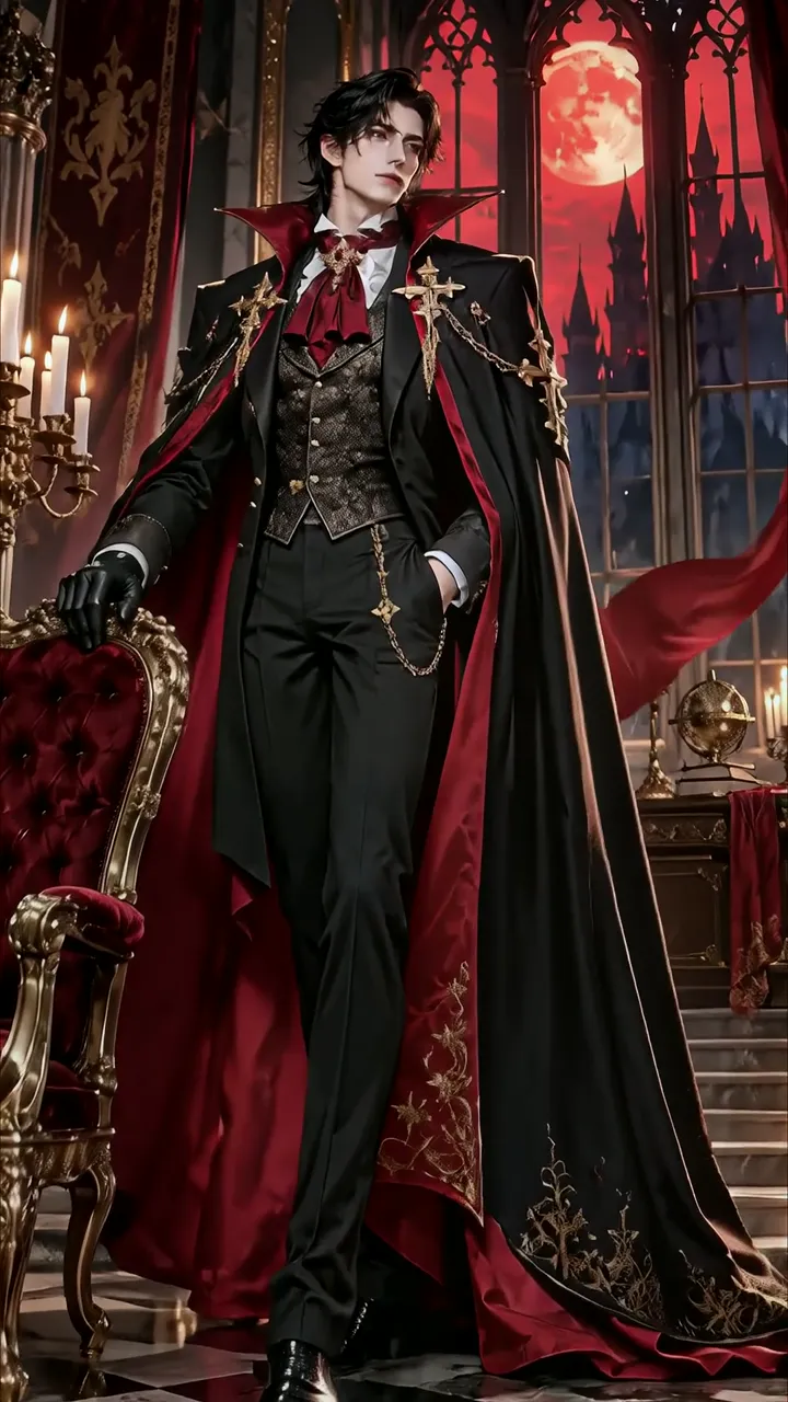 Dark Vampire Lord In Gothic Castle With Red Moon