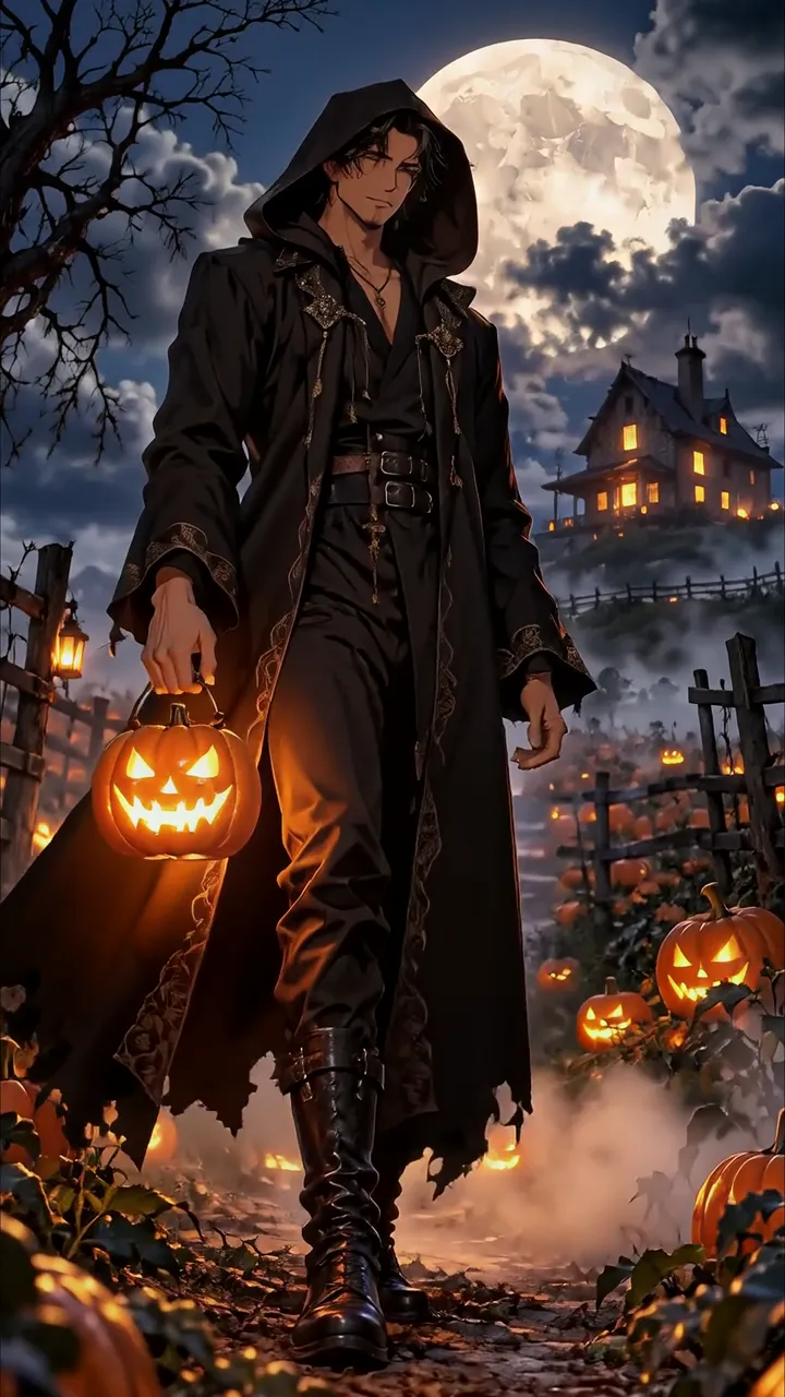 Mysterious Anime Boy With Jack-o'-Lantern Halloween Night