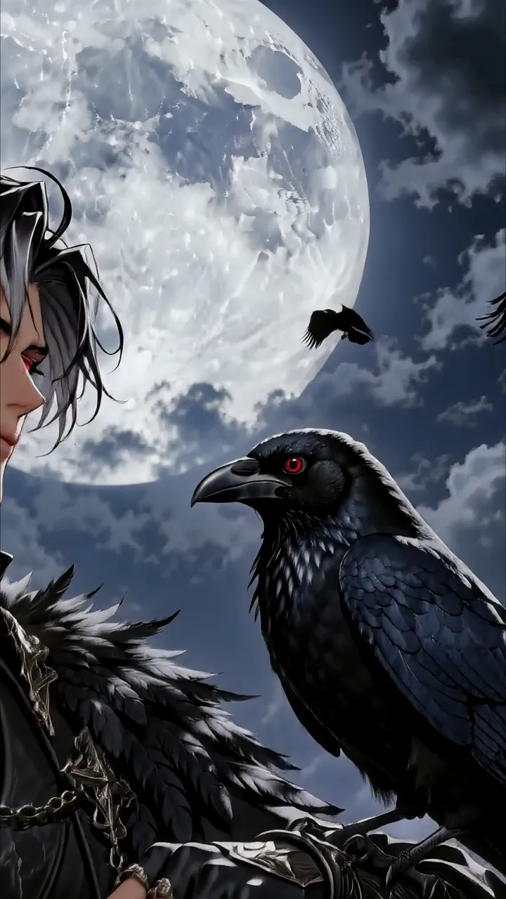 Dark Anime Boy With Raven Under Full Moon