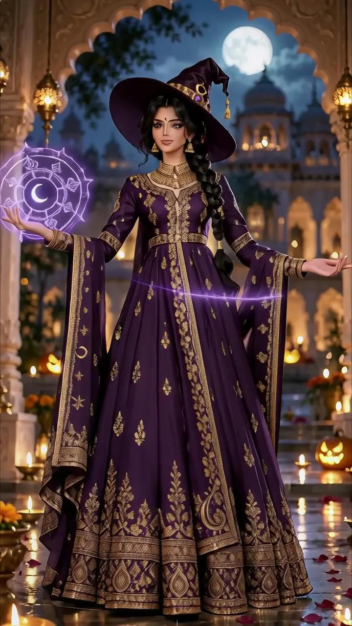 Purple Witch In Traditional Indian Attire With Moon Magic