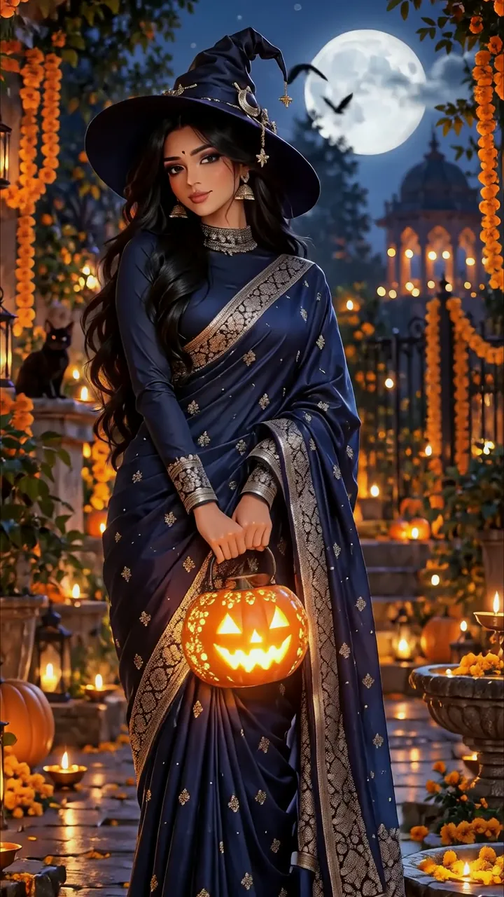 Halloween Witch In Blue Saree With Pumpkin Lantern