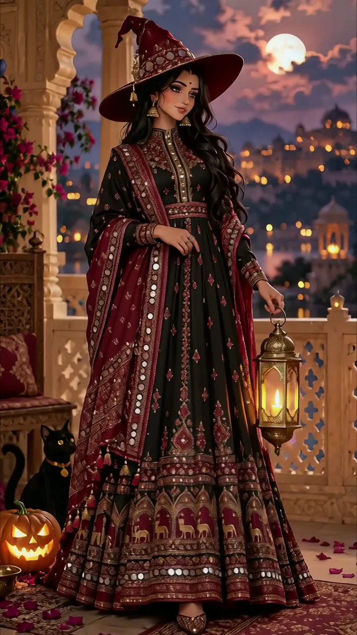 Halloween Witch In Traditional Indian Attire With Black Cat