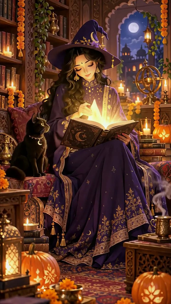 Mystical Witch Reading Spell Book With Black Cat And Pumpkin Lanterns