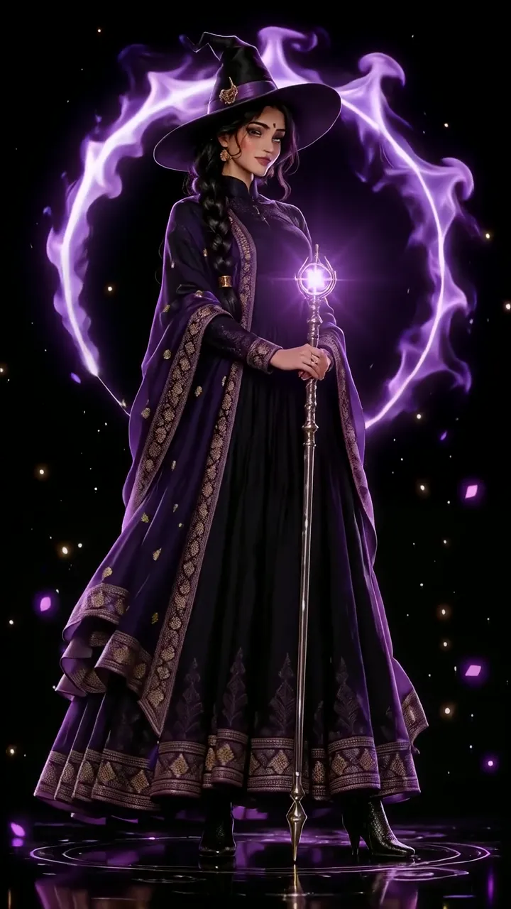 Mysterious Witch With Purple Aura And Magic Staff