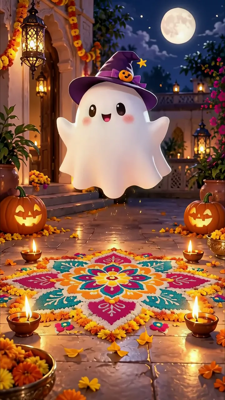 Cute Ghost With Witch Hat Floating Over Colorful Rangoli