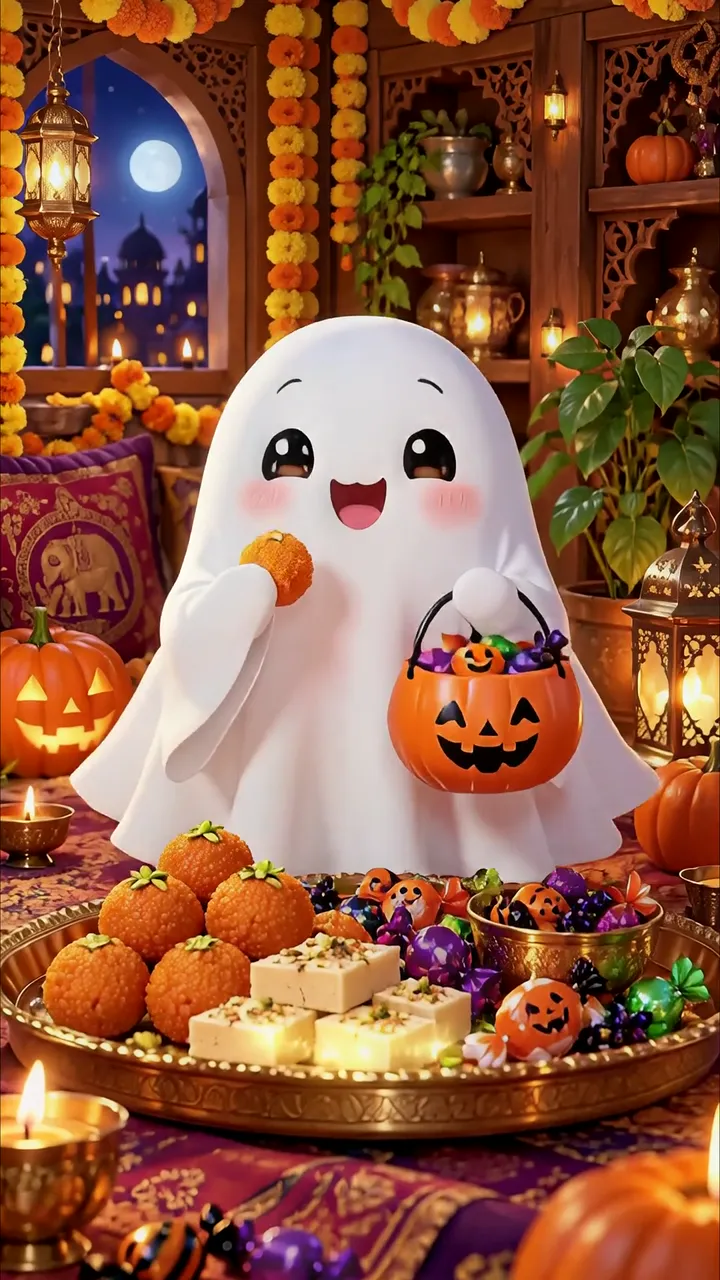 Cute Ghost With Pumpkin Candy And Indian Festival Decor