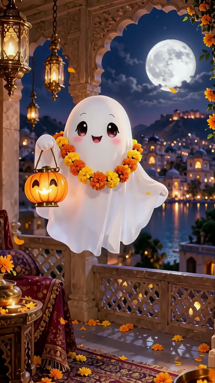 Cute Ghost With Marigold Garland Holding Pumpkin Lantern
