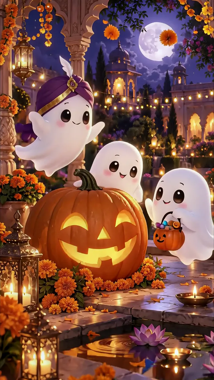 Cute Ghosts Celebrating Halloween With Jack-o'-Lantern And Marigolds