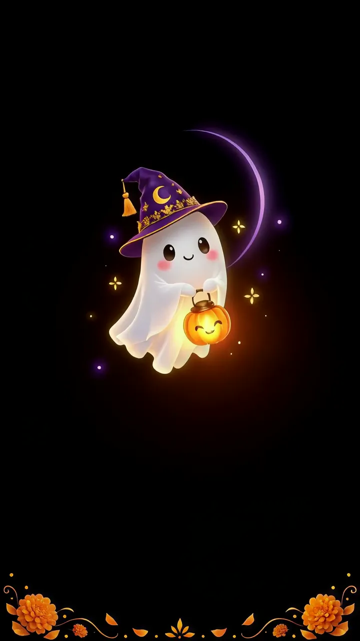 Cute Ghost With Pumpkin Lantern Halloween Night Scene