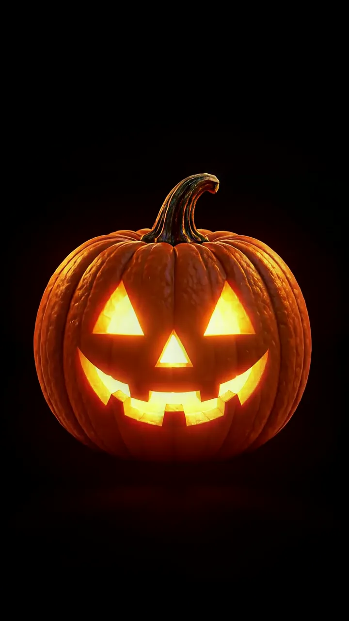 Glowing Halloween Pumpkin With Triangular Eyes And Black Background