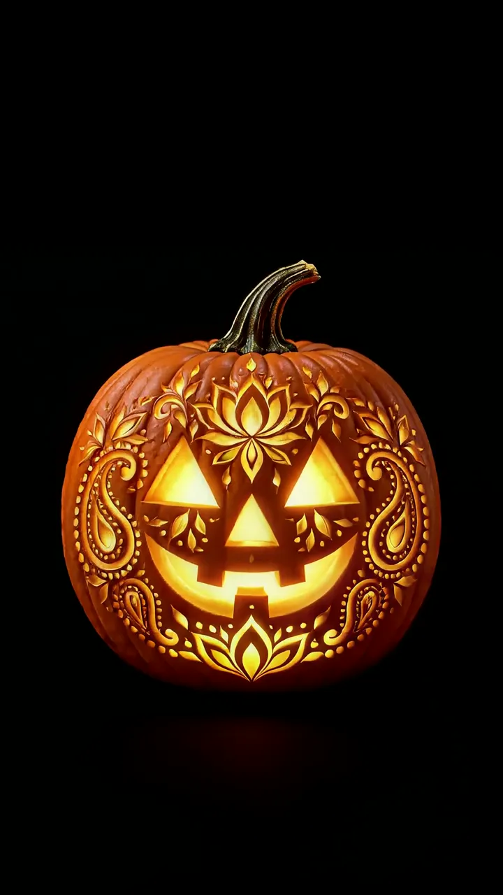 Halloween Pumpkin With Intricate Lotus And Paisley Carving
