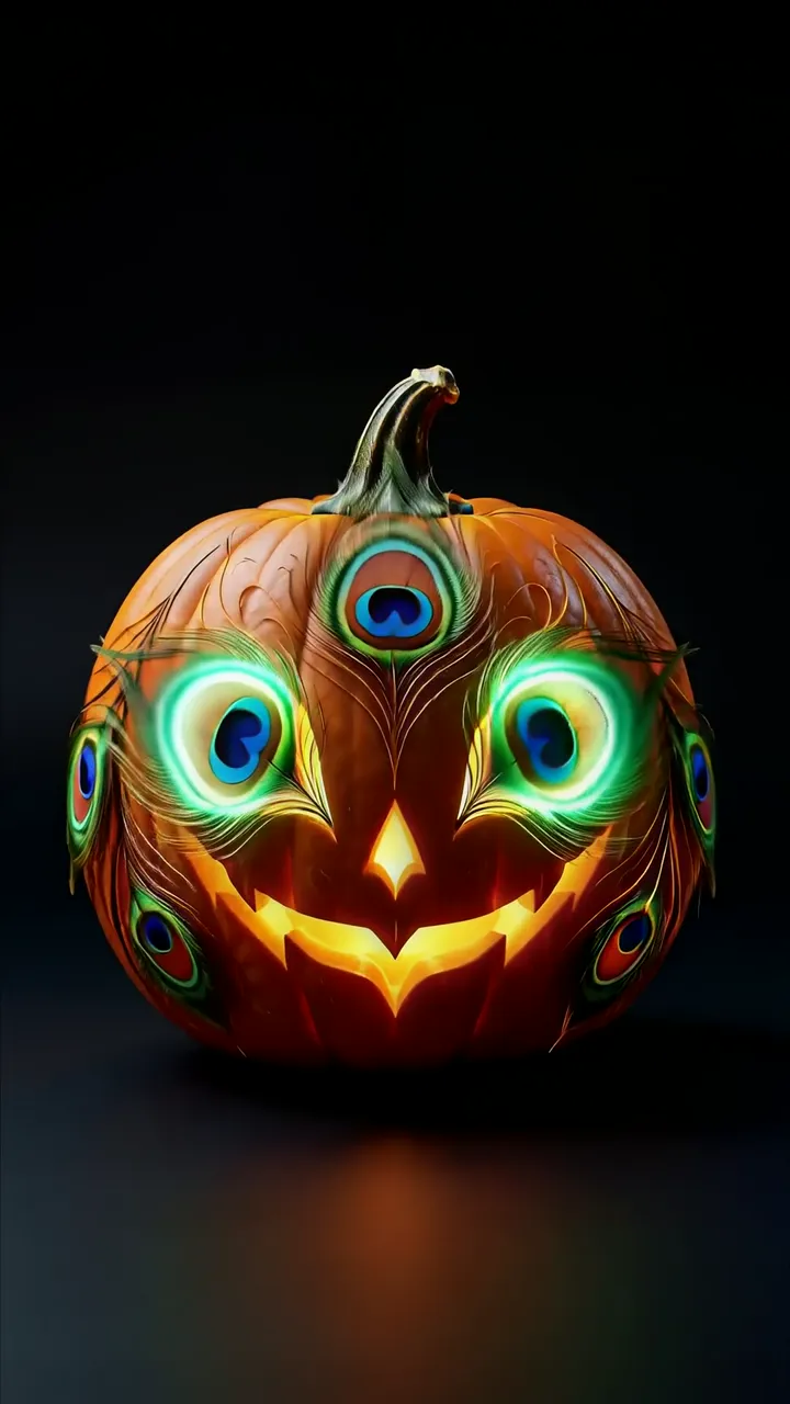 Peacock Feather Pumpkin Halloween With Glowing Eyes
