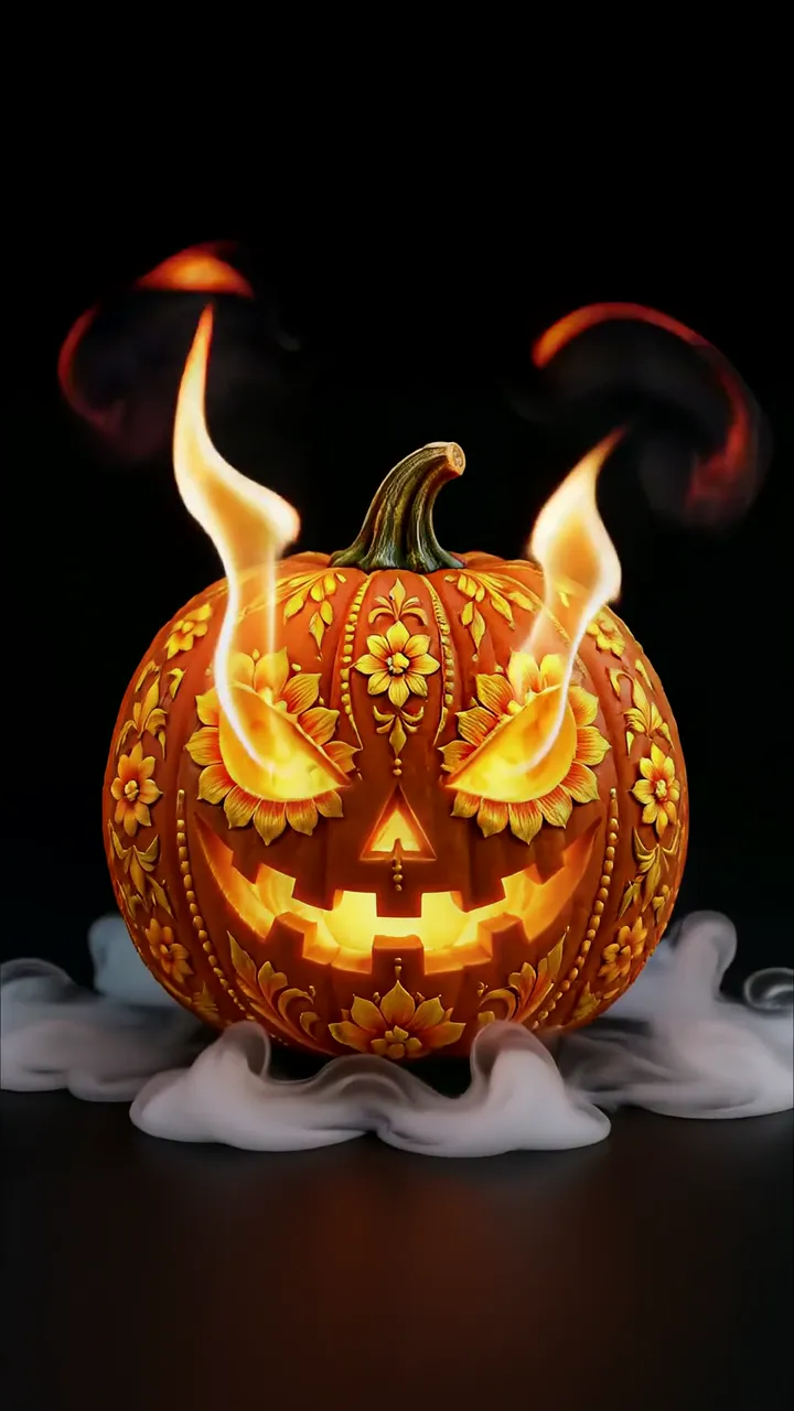 Fiery Halloween Pumpkin With Ornate Floral Carving And Smoke