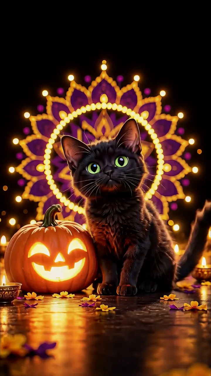 Black Cat With Glowing Eyes And Halloween Pumpkin
