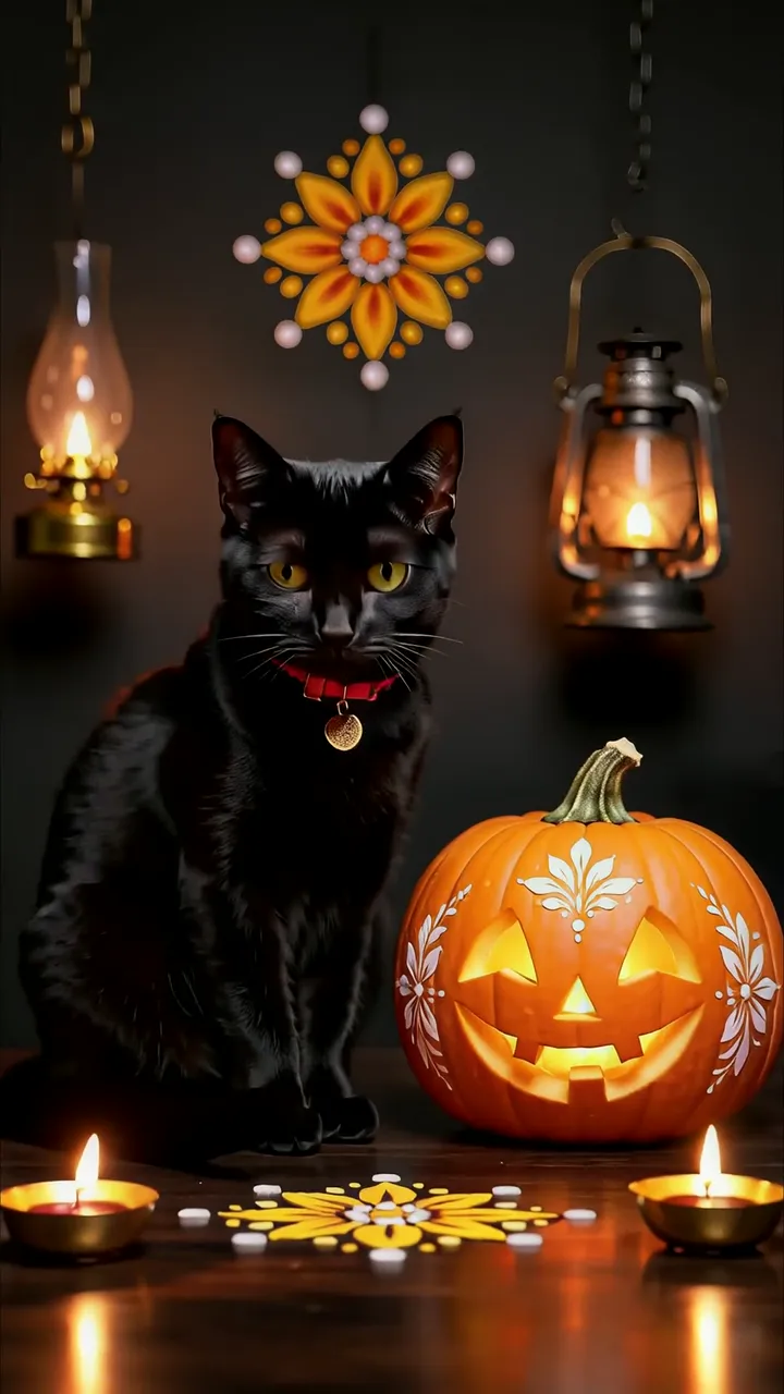 Black Cat With Glowing Eyes Near Halloween Pumpkin