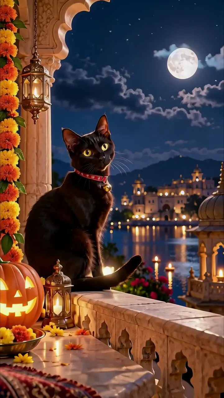 Black Cat On Moonlit Balcony With Pumpkin And Lanterns