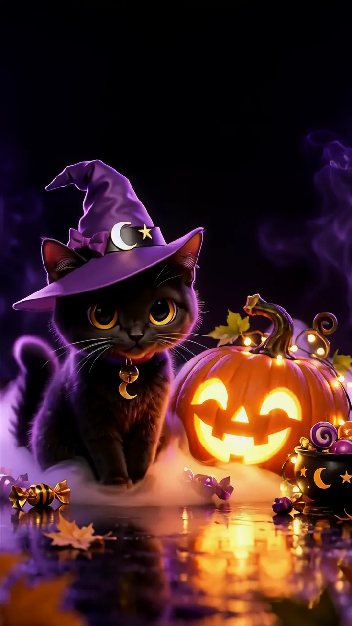 Cute Black Cat Witch With Pumpkin Halloween Scene