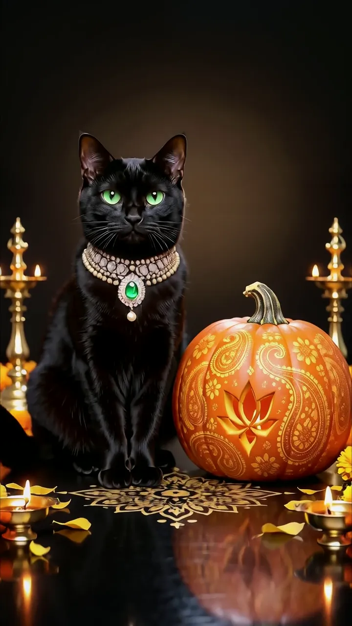 Black Cat With Emerald Necklace And Ornate Pumpkin