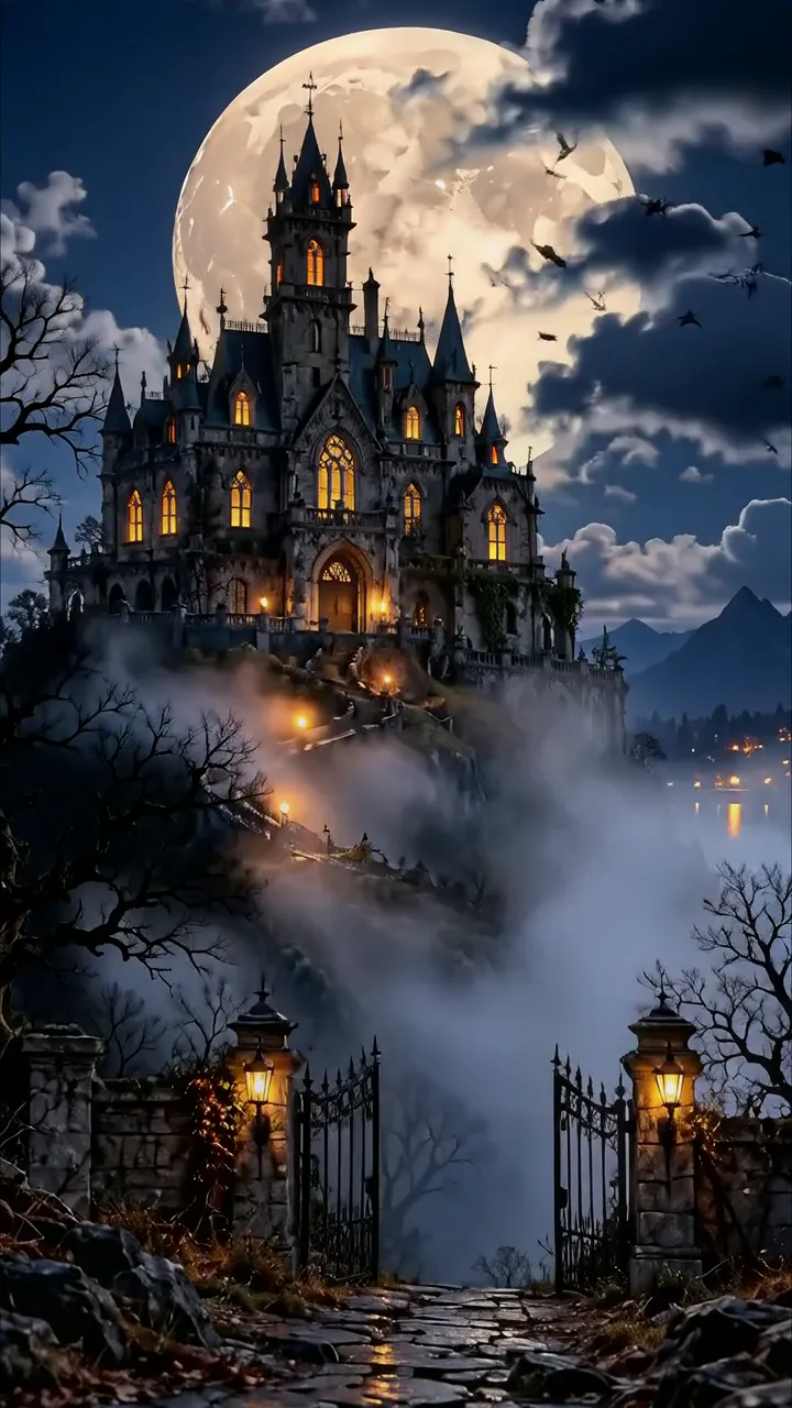 Gothic Castle Under Full Moon With Flying Bats