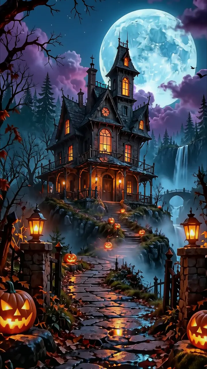 Haunted Mansion Halloween Night With Pumpkin Path And Full Moon