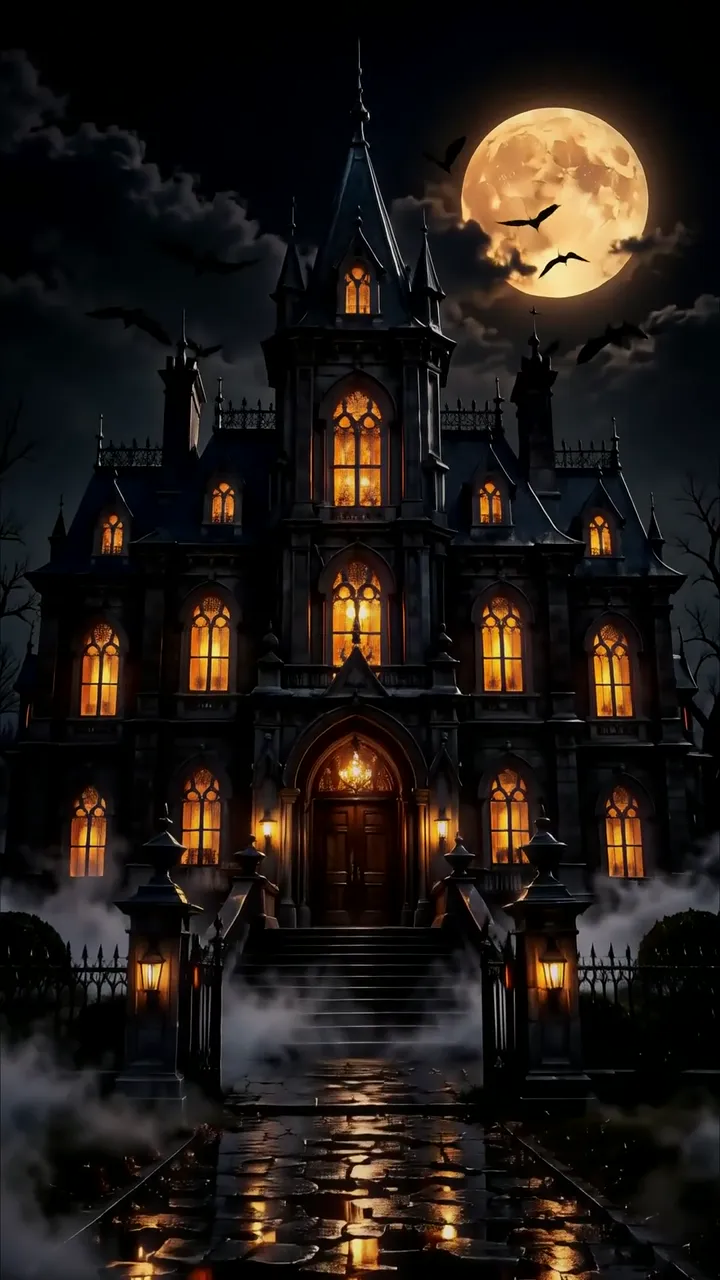 Gothic Haunted Mansion Under Full Moon With Flying Bats