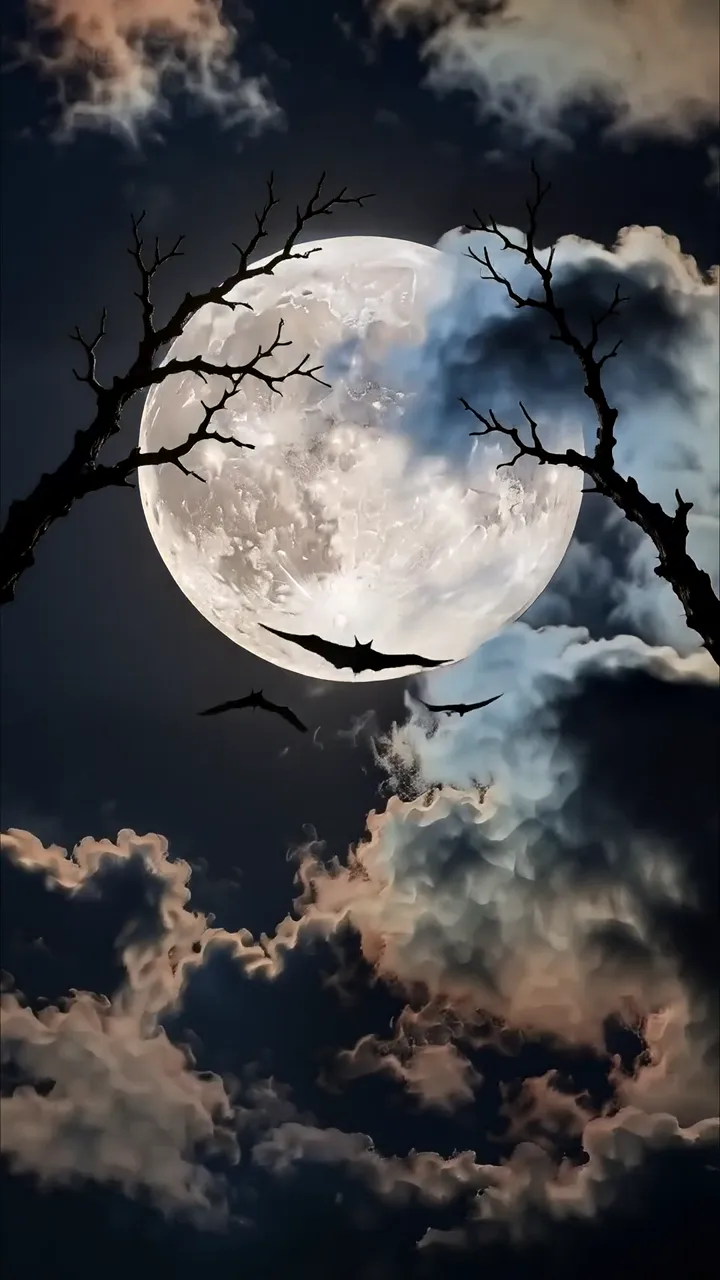 Bats Flying Under Full Moon Through Bare Trees Halloween