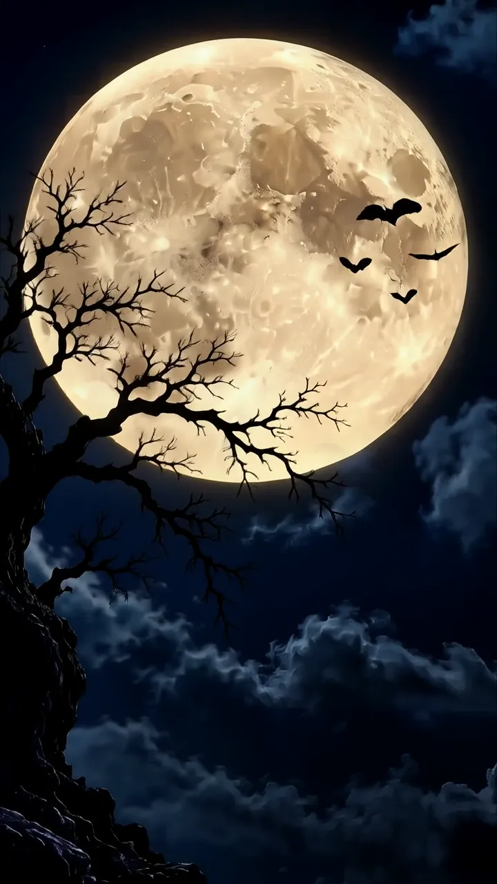Full Moon Halloween Night With Bats And Bare Tree