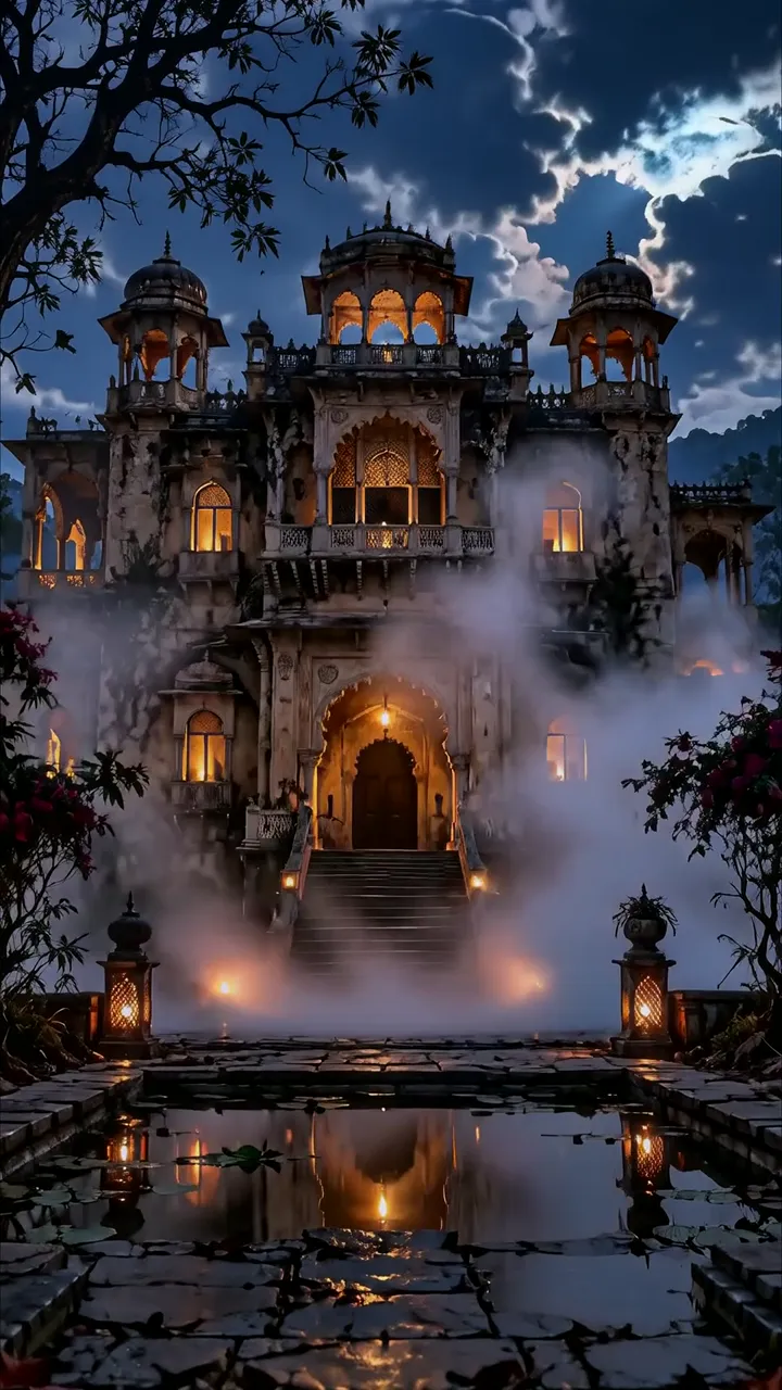 Mysterious Indian Palace At Night With Fog And Warm Lights
